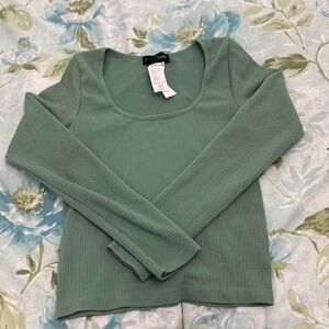 Streetwear Society Green Ribbed Scoop Neck Blouse